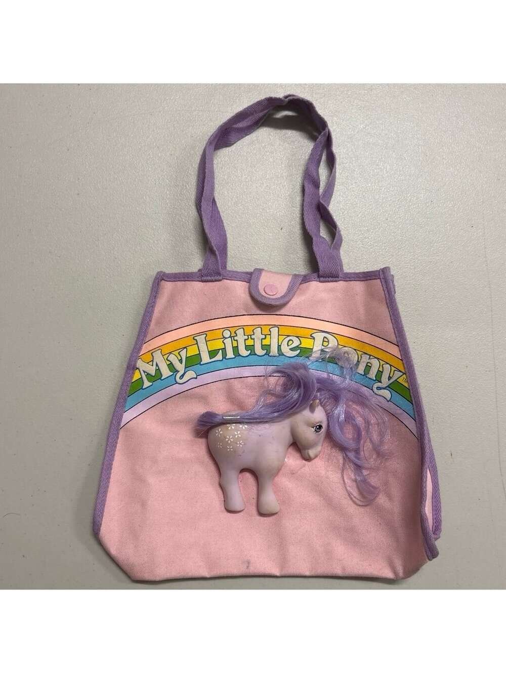 Vintage 80s My Little Pony Tote Bag Pink Lavender Rainbow Logo w/ G1 B Blossom